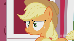 Size: 1280x720 | Tagged: safe, screencap, applejack, earth pony, pony, g4, harvesting memories, my little pony: friendship is forever, applejack is not amused, female, mare, solo, sweet apple acres barn, unamused