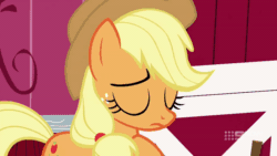 Size: 800x450 | Tagged: safe, screencap, applejack, spike, dragon, earth pony, pony, g4, harvesting memories, spoiler:harvesting memories, spoiler:mlp friendship is forever, 9now, animated, applejack is not amused, applejack's hat, covering mouth, cowboy hat, dragon tail, eyes closed, freckles, gif, glare, hat, tail, unamused