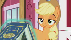 Size: 1280x720 | Tagged: safe, screencap, applejack, earth pony, pony, g4, harvesting memories, my little pony: friendship is forever, bedroom eyes, female, mare, smug, solo, stupid sexy applejack, sweet apple acres, sweet apple acres barn