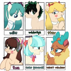 Size: 1080x1080 | Tagged: safe, artist:emeriss96, coco pommel, velvet (tfh), deer, earth pony, pony, reindeer, them's fightin' herds, g4, bust, choker, clothes, community related, crossover, d.va, eyelashes, female, grin, hatsune miku, headset, izuku midoriya, looking up, male, mare, meme, my hero academia, necktie, overwatch, ponified, ponified meme, simple background, six fanarts, smiling, stallion, star butterfly, star vs the forces of evil, vocaloid, whisker markings, white background
