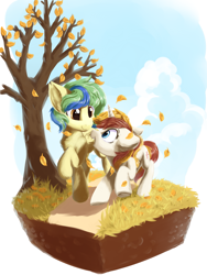 Size: 2545x3385 | Tagged: safe, artist:ravistdash, derpibooru exclusive, oc, oc only, pegasus, pony, unicorn, autumn, cloud, couple, high res, leaves, looking at each other, path, sky, solo, tree