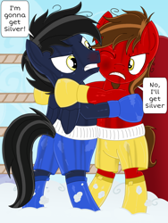Size: 1200x1600 | Tagged: safe, artist:toyminator900, oc, oc only, oc:chip, oc:shadowmoon, pegasus, pony, bipedal, boxing, boxing gloves, boxing ring, boxing shorts, bruised, cloud, dialogue, facial hair, folded wings, gritted teeth, male, pegasus oc, sports, stallion, sweat, wings