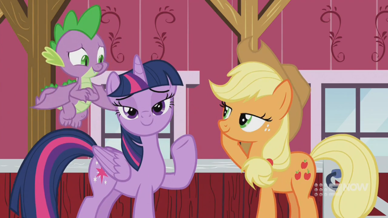 2351642 - safe, screencap, applejack, spike, twilight sparkle, alicorn,  dragon, earth pony, pony, harvesting memories, spoiler:harvesting memories,  spoiler:mlp friendship is forever, bedroom eyes, female, flying, looking at  you, mare, smiling, smiling at