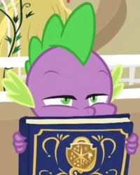 Size: 782x976 | Tagged: safe, screencap, spike, dragon, g4, harvesting memories, spoiler:harvesting memories, spoiler:mlp friendship is forever, book, cropped, male, narrowed eyes, peeking, solo, sweet apple acres