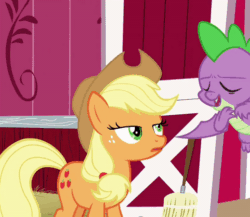 Size: 518x450 | Tagged: safe, screencap, applejack, spike, dragon, earth pony, pony, g4, harvesting memories, my little pony: friendship is forever, animated, applejack's hat, barn, blushing, broom, claws, cowboy hat, cropped, crossed arms, cute, embarrassed, flapping, flying, gif, hat, jackabetes, lidded eyes, lip bite, looking at someone, looking away, looking back, looking offscreen, ponytail, raised eyebrow, smike, smiling, smirk, smug, stetson, sweet apple acres barn, winged spike, wings