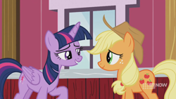 Size: 1280x720 | Tagged: safe, screencap, applejack, twilight sparkle, alicorn, earth pony, pony, g4, harvesting memories, spoiler:harvesting memories, spoiler:mlp friendship is forever, bedroom eyes, duo, female, looking at each other, mare, sweet apple acres, sweet apple acres barn, twilight sparkle (alicorn)