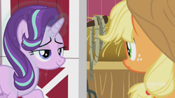 Size: 1280x720 | Tagged: safe, screencap, applejack, starlight glimmer, earth pony, pony, unicorn, g4, harvesting memories, spoiler:harvesting memories, spoiler:mlp friendship is forever, bedroom eyes, duo, female, hay, looking at each other, magic, mare, sweet apple acres, sweet apple acres barn