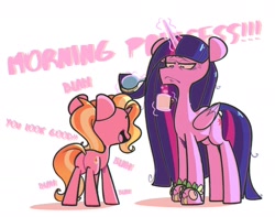 Size: 1883x1487 | Tagged: safe, artist:sourspot, luster dawn, spike, twilight sparkle, alicorn, pony, unicorn, g4, the last problem, brush, clothes, dialogue, duo, duo female, female, hairbrush, magic, mare, morning ponies, mug, not a morning pony, older, older twilight, older twilight sparkle (alicorn), open mouth, princess twilight 2.0, simple background, slippers, telekinesis, tired, twilight sparkle (alicorn), vein, vein bulge, white background