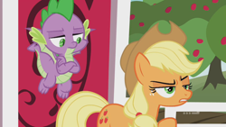 Size: 1280x720 | Tagged: safe, screencap, applejack, spike, dragon, earth pony, pony, g4, harvesting memories, my little pony: friendship is forever, 9now, apple, apple tree, applejack is not amused, applejack's hat, baby dragon, claws, cowboy hat, crossed arms, cute, cute little fangs, duo, fangs, female, flying, freckles, hat, mare, narrowed eyes, ponytail, raised eyebrow, raised hoof, spike is not amused, stetson, sweet apple acres, sweet apple acres barn, toes, tree, unamused