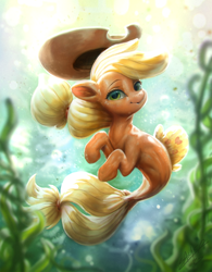 Size: 938x1200 | Tagged: safe, artist:assasinmonkey, edit, editor:calena, applejack, pony, seapony (g4), g4, applejack's hat, applejacked, bubble, cowboy hat, crepuscular rays, cute, detailed, digital painting, dorsal fin, female, fin, fish tail, flowing mane, flowing tail, green eyes, hat, jackabetes, looking at you, muscles, muscular female, ocean, paintover, scales, seaponified, seapony applejack, seaweed, signature, smiling, smiling at you, solo, species swap, sun, sunlight, swimming, tail, underwater, water