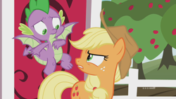 Size: 1280x720 | Tagged: safe, screencap, applejack, spike, dragon, earth pony, pony, g4, harvesting memories, my little pony: friendship is forever, 9now, angry, apple, apple tree, applejack is not amused, female, flying, looking at each other, mare, sweet apple acres, sweet apple acres barn, tree, unamused, winged spike, wings
