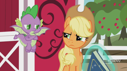 Size: 1280x720 | Tagged: safe, screencap, applejack, spike, dragon, earth pony, pony, g4, harvesting memories, spoiler:harvesting memories, spoiler:mlp friendship is forever, 9now, apple, apple tree, book, female, flying, levitation, looking at each other, magic, mare, sweet apple acres, sweet apple acres barn, telekinesis, tree