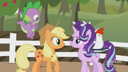 Size: 1280x720 | Tagged: safe, screencap, applejack, spike, starlight glimmer, bird, chicken, dragon, earth pony, pony, unicorn, g4, harvesting memories, spoiler:harvesting memories, spoiler:mlp friendship is forever, apple, apple tree, bedroom eyes, book, female, flying, looking at each other, mare, sweet apple acres, sweet apple acres barn, tree