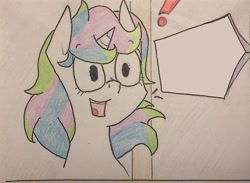 Size: 3020x2207 | Tagged: safe, artist:hrafnkyn, oc, oc:cake sparkle, pony, unicorn, excited, exploitable, exploitable meme, high res, meme, photo, solo, surprised, text box, traditional art