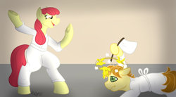 Size: 1745x965 | Tagged: safe, artist:mikeyboo, apple bloom, mandopony, earth pony, pony, g4, bipedal, circling birds, circling stars, clothes, defeat, defeated, dizzy, dojo, fight, gi, martial arts, missing accessory, older, older apple bloom, pants, raising the white flag, request, robe, smiling, white belt, white flag