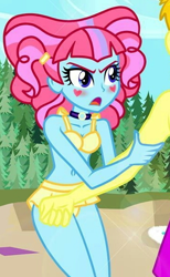 Size: 364x592 | Tagged: safe, artist:dieart77, edit, kiwi lollipop, oc, oc:heat blitz, equestria girls, equestria girls specials, g4, my little pony equestria girls: better together, my little pony equestria girls: sunset's backstage pass, arm grab, beach, belly button, bikini, blushing, choker, clothes, cropped, female, heart, k-lo, legs, male, offscreen character, pink hair, shipping, straight, swimsuit, thighs, water