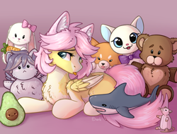 Size: 1976x1500 | Tagged: dead source, safe, artist:dorkmark, oc, oc only, oc:alina, pegasus, pony, :<, chest fluff, ear fluff, looking at you, markings, not fluttershy, pale belly, plushie, tongue out, toy, two toned coat, two toned wings, wings