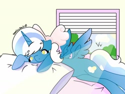 Size: 1280x960 | Tagged: safe, artist:xitzakiiix, oc, oc:fleurbelle, alicorn, pony, alicorn oc, bed, bedroom, bow, cloud, female, hair bow, horn, lying on bed, mare, pillow, sun, tree, wings, yellow eyes