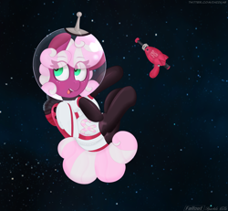 Size: 2600x2400 | Tagged: safe, artist:jazzka, oc, oc only, oc:comet, pegasus, pony, fallout equestria, adorable face, astronaut, blaster, clothes, crossover, cute, cutie mark, energy weapon, excited, fallout, female, filly, floating, fluffy, freckles, gloves, gun, handgun, happy, high res, jetpack, latex, latex boots, latex gloves, latex socks, mare, nuka cola, nuka girl, pegasus oc, pistol, raygun, simple shading, smiling, socks, solo, space, space helmet, spacesuit, sparkle cola, stars, suit, weapon, wings, zero gravity