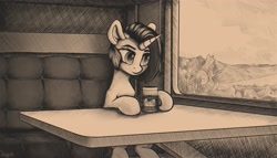 Size: 2560x1463 | Tagged: safe, artist:luneinspace, pony, unicorn, female, mare, monochrome, sepia, solo