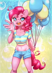 Size: 900x1273 | Tagged: safe, artist:lizzyoli-ravioli, pinkie pie, earth pony, anthro, g4, 2010s, 2014, balloon, belly button, blue eyes, breasts, bubble, clothes, denim shorts, exposed belly, happy, midriff, pink fur, pink mane, shirt, short shirt, shorts, t-shirt