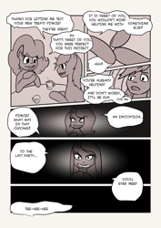 Size: 1280x1810 | Tagged: safe, artist:husdur, pinkie pie, oc, oc:trigger puller, pony, unicorn, comic:triggercakes, fanfic:cupcakes, g4, canon x oc, comic, pinkamena diane pie, speech bubble, this will end in death