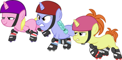 Size: 3488x1719 | Tagged: safe, artist:ironm17, indian summer, lilac ice, raspberry cream, pony, call of the cutie, g4, female, filly, helmet, high res, roller skates, simple background, transparent background, vector