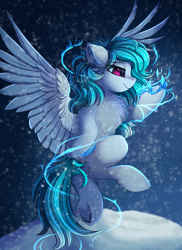 Size: 2550x3509 | Tagged: safe, artist:pridark, oc, oc only, pegasus, pony, chest fluff, commission, female, flying, high res, ice, magic, mare, smiling, snow, solo