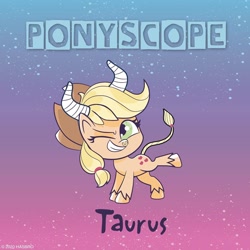 Size: 1080x1080 | Tagged: safe, applejack, earth pony, pony, g4.5, my little pony: pony life, official, female, horoscope, nose piercing, nose ring, one eye closed, piercing, ponyscopes, solo, taurus, wink
