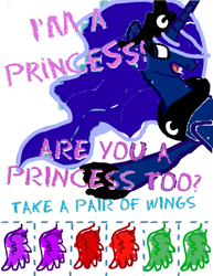 Size: 1111x1437 | Tagged: safe, artist:pixelkitties, edit, princess luna, alicorn, pony, g4, crayon, crayon drawing, female, flyer, green wings, i'm a princess are you a princess too?, mare, pointing, purple wings, recolor, red wings, smiling, text, traditional art, wings