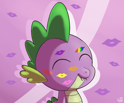 Size: 1200x1000 | Tagged: safe, artist:oggynka, spike, dragon, g4, abstract background, eyes closed, implied applespike, implied flutterspike, implied pinkiespike, implied rainbowspike, implied shipping, implied sparity, implied straight, implied twispike, kiss mark, lipstick, lucky bastard, male, rainbow kiss mark, smiling, solo, spike gets all the mares, spikelove, straight