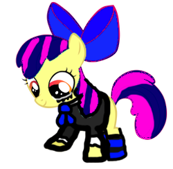 Size: 256x250 | Tagged: safe, artist:drewdini, edit, editor:pagiepoppie12345, apple bloom, earth pony, pony, g4, anarchy stocking, bow, clothes, costume, female, filly, gothic lolita, hair bow, lolita fashion, looking down, mare, outfit, panty and stocking with garterbelt, ponies wearing clothing, recolor, simple background, smiling, socks, solo, striped socks, transparent background
