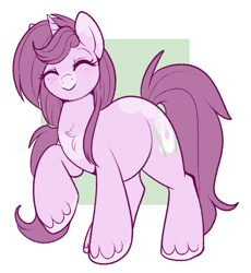 Size: 767x835 | Tagged: safe, artist:lulubell, oc, oc only, oc:mulberry tart, pony, unicorn, chest fluff, chubby, eyes closed, female, freckles, mare, solo, unshorn fetlocks