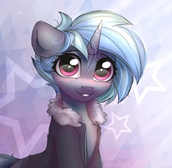 Size: 1468x1433 | Tagged: safe, artist:radioaxi, oc, oc only, pony, unicorn, abstract background, blushing, clothes, commission, female, jacket, looking at you, mare, smiling, solo