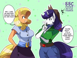 Size: 2409x1814 | Tagged: safe, artist:traupa, applejack, rarity, anthro, alternate hairstyle, big breasts, breasts, busty applejack, busty rarity, clothes swap, cowboy hat, female, grin, hat, lesbian, mane swap, rarijack, rarity hair, shipping, smiling, style swap, sudden style change