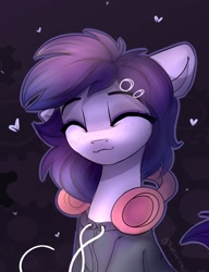 Size: 2000x2598 | Tagged: safe, artist:radioaxi, oc, oc only, pony, :3, eyes closed, female, floppy ears, freckles, headphones, high res, mare, solo
