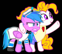 Size: 738x638 | Tagged: safe, artist:pagiepoppie12345, firefly, surprise, pegasus, pony, g1, g4, angry, casual, clothes, duo, female, g1 to g4, generation leap, mare, outfit, ponytail, rage, sailor lolita, smiling, socks, striped socks