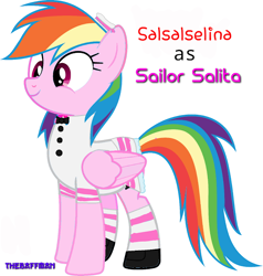 Size: 608x638 | Tagged: safe, oc, oc:salsalselina, pegasus, pony, clothes, female, mare, not rainbow dash, outfit, ponies wearing clothing, recolor, sailor lolita, shoes, smiling, socks, striped socks, text