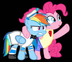 Size: 738x638 | Tagged: safe, artist:pagiepoppie12345, pinkie pie, rainbow dash, earth pony, pegasus, pony, g4, angry, casual, clothes, duo, female, mare, outfit, ponies wearing clothing, ponytail, rage, rainbow dash always dresses in style, sailor lolita, smiling, socks, striped socks