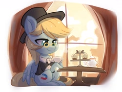 Size: 1600x1200 | Tagged: safe, artist:oofycolorful, oc, oc only, pegasus, pony, g4, chibi, chocolate, clothes, cottagecore, curtains, food, glasses, happy, hat, muffin, not derpy, solo, table, tea, teapot, top hat, window