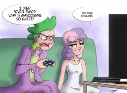 Size: 4096x2978 | Tagged: safe, artist:ringteam, spike, sweetie belle, human, g4, bloodborne, duo, female, gamer belle, humanized, male, playstation 4, rage, ship:spikebelle, shipping, speech bubble, straight