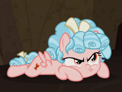 Size: 840x634 | Tagged: safe, screencap, cozy glow, pony, frenemies (episode), g4, angry, cozy glow is not amused, cozybetes, cropped, cute, female, lying down, madorable, pouting, prone, solo, sploot