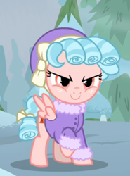 Size: 384x519 | Tagged: safe, screencap, cozy glow, pony, frenemies (episode), g4, clothes, cropped, evil smile, female, grin, raised hoof, smiling, solo, winter outfit