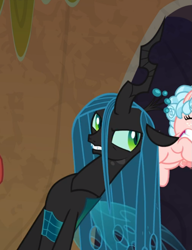 Size: 655x853 | Tagged: source needed, safe, screencap, cozy glow, queen chrysalis, changeling, changeling queen, frenemies (episode), g4, angry, concave belly, cropped, female, lanky, offscreen character, skinny, solo, tall, thin
