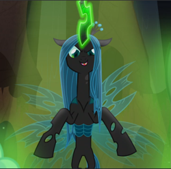 Size: 953x943 | Tagged: source needed, safe, screencap, queen chrysalis, changeling, changeling queen, frenemies (episode), g4, concave belly, cropped, evil smile, female, glowing horn, grin, horn, lanky, skinny, smiling, solo, tall, thin