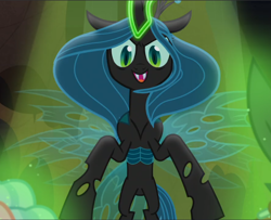 Size: 1158x940 | Tagged: safe, screencap, cozy glow, lord tirek, queen chrysalis, frenemies (episode), g4, cropped, evil grin, female, glowing horn, grin, horn, open mouth, smiling, solo