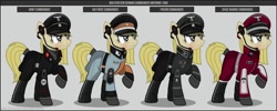 Size: 1280x512 | Tagged: safe, artist:brony-works, oc, oc only, earth pony, pony, boots, clothes, earth pony oc, eyelashes, female, hat, helmet, mare, nazi germany, need an haircut, raised hoof, reference sheet, shoes, smiling, solo, uniform, wolfenstein