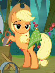 Size: 608x794 | Tagged: safe, screencap, applejack, pony, g4, the mean 6, bandana, bipedal, bipedal leaning, cropped, female, leaning, lidded eyes, solo