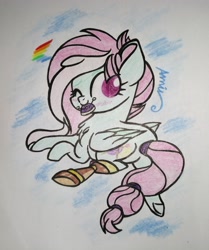 Size: 2500x2995 | Tagged: safe, artist:c.a.m.e.l.l.i.a, kerfuffle, pegasus, pony, g4, my little pony: rainbow roadtrip, adorable face, amputee, blushing, chest fluff, cute, female, fufflebetes, high res, looking at you, looking back, mare, prosthetic leg, prosthetic limb, prosthetics, rainbow, solo, traditional art
