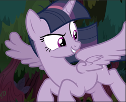 Size: 1163x943 | Tagged: safe, screencap, mean twilight sparkle, pony, g4, the mean 6, cropped, evil grin, female, flying, grin, looking back, smiling, solo, spread wings, wings